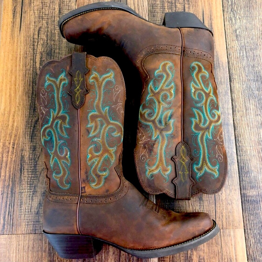 Justin Durant Stampede Western Boot Square Toe Distressed L2552 Brown Size 8.5